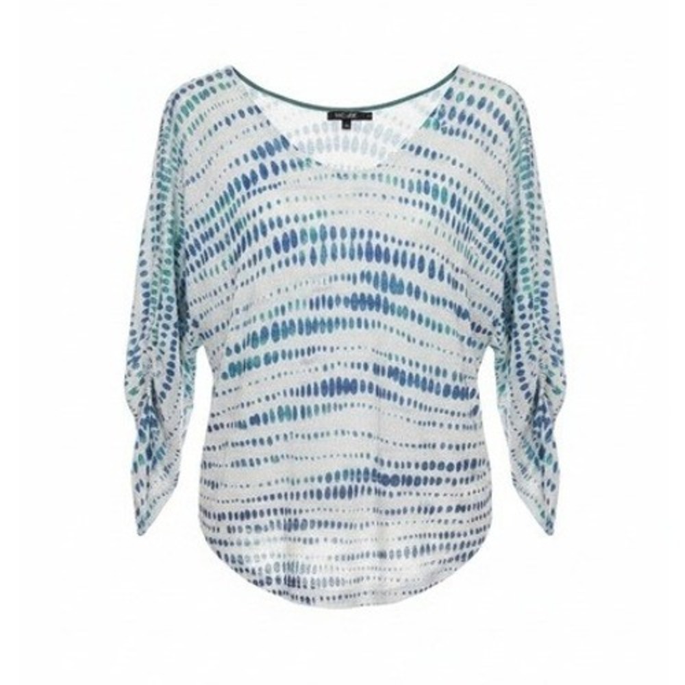 NIC+ZOE Womens Linen Blend Dotted Stripe Knit Top Blue Green Large 3/4 Sleeve